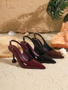 Giày cao gót mũi nhọn, gót lệch, chất liệu da bóng màu nâu dành cho nữ, kiểu dáng thanh lịch, trang trọng, có khóa cài, thích hợp cho các bữa tiệc hoặc đi làm. - Cà phê nâu - Xem 7