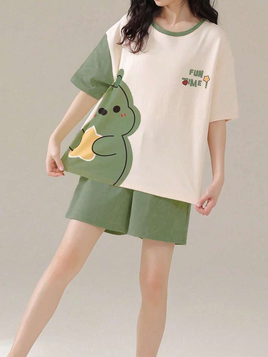 AICJ 2pcs/Set Casual And Simple Women's Homewear, Round Neck Short Sleeve T-Shirt And Shorts Pajama Set, Cartoon Cute Monster Print, Ideal For Mother's Day, Valentine's Day, And New Year Gifts,Two Pieces Set - Multicolor - View 1