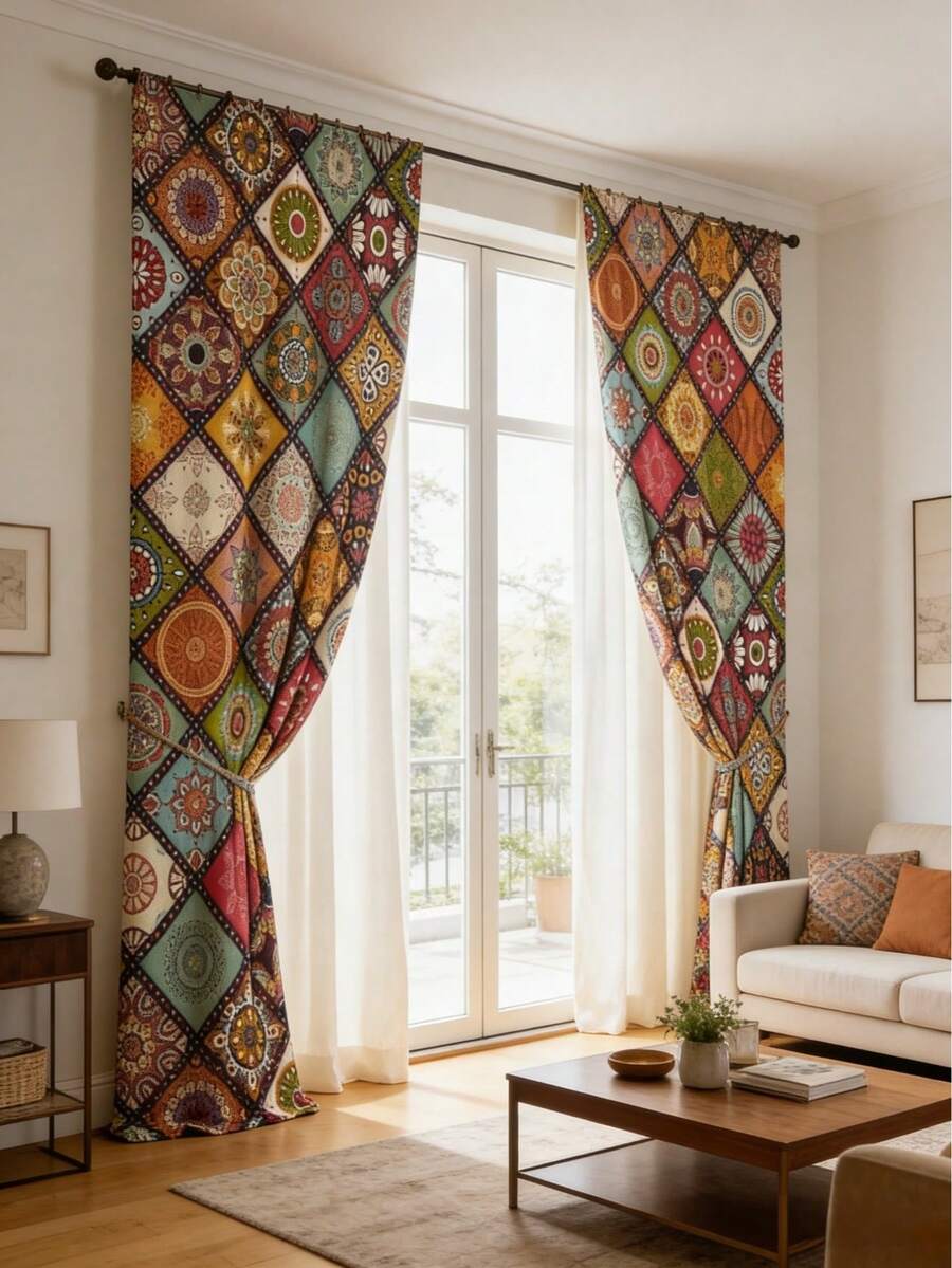 2pcs Boho Mandala Light Blocking Curtains,Bohemian Farmhouse Curtains, Retro Style Polyester Fiber Material Curtain,Sun-Blocking And Privacy-Protecting,Suitable For Bedrooms, Living Rooms,Dining Rooms,Bars,Party Game Rooms,Dormitories,And Home Decor,Easy-Care Washable, Light Filtering ,Farmhouse Decor - Bohemia - View 1