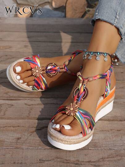 WRCVS Women's Red Woven Strap Sandals, Summer Platform Thick Bottom Sandals, Handmade Beaded Woven Sole With Random Floral Pattern, Lightweight Vacation Bohemian Style Wedge Outdoor Sandals