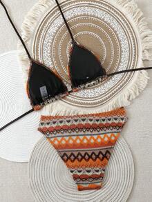 Conjunto de bikini bohemio sexy y elegante con espalda descubierta y anudado, para vacaciones en la playa - Multicolor - Ver 2