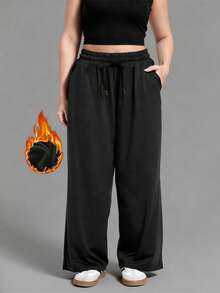 Winter Plus Size Women's Thermal Lined Casual Sweatpants, Drawstring Waist, Wide Leg, Outdoor Running Workout Pants With Multiple Pockets, Suitable For -5°C, Autumn/Winter - Black - View 2