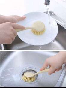 1pc Long Handle Kitchen Cleaning Brush, Suitable For Washing Dishes, Pots, Cutting Boards, Non-Stick, Plastic Material, Hang-Able, Convenient For Cleaning Stove Top - Multicolor - View 4