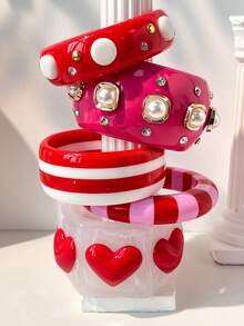 1pc Pink Heart Contrast Color Bracelet With Pearl & Rhinestone Decor, Versatile Style Suitable For Street Fashion, Internet Celebrity Wristband, Valentine's Day Gift, Mother's Day Present - Multicolor - View 8