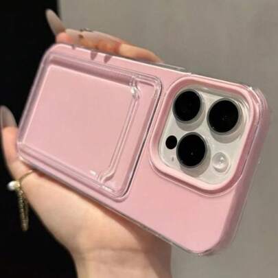 极简粉色纯色材质卡包防震二合一糖果色卡槽手机壳，适用于苹果16/15/14/13/12/11 Pro Max/16 Plus/17/17 Pro Max，简约防摔透明软壳，复活节春季粉彩礼物