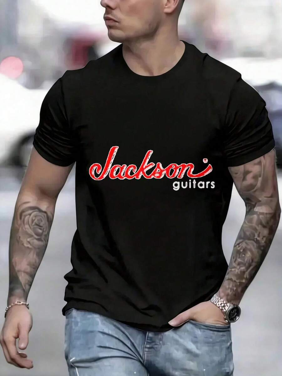 Jackson Guitars Men's Black T-Shirt With Red Logo & Geometric Applique Design - Casual Short Sleeve Round Neck Tee, Regular Fit For Music Enthusiasts, Sizes S-5XL - 白色 - 查看 1