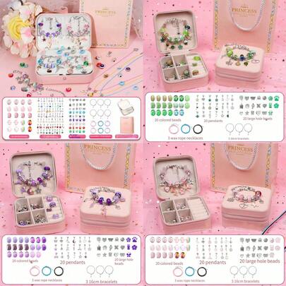 149/136/68颗珠子4件套DIY手链串珠套装，包含美人鱼工艺品，内含60件配件、3条手链和3条项链，适合作为生日、斋月、新年和情人节礼物。