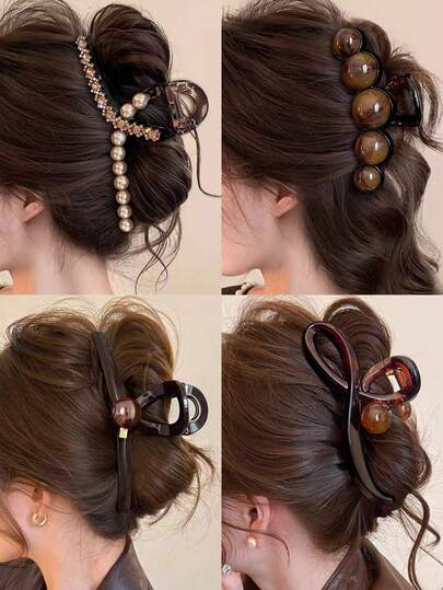 4pcs Women's High-End Elegant Coffee-Toned Pearl & Rhinestone Hair Claw Clips, 2025 New Fashion Hair Accessories, Large Capacity Hair Claw Suitable For Parties, Commuting, Outfit Matching, Daily And Formal Hairstyles, Valentine's Day Gift, Carnival Season Women Hair Clips Casual Hair Clutch Elegant Hair Jaw Clip