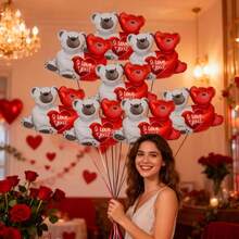 1/10个拥抱爱心双熊铝箔气球，适用于情人节装饰、主题派对装饰、婚礼布置、订婚、新娘送礼会、周年纪念、拍照道具，无需电源 - 彩色 - 查看 8