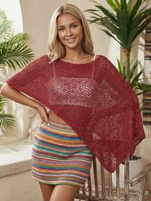 Women Knitted Poncho Loose See Through Boat Neck Off Shoulder Asymmetrical Crop Coverup Tops - Màu Đỏ Sâu - Xem 9