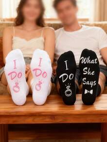 2 Pairs Couple Socks, Creative Ring Design Socks For Groom And Bride, Engagement/Wedding Gift, Mid-Calf Length, Non-Slip Silicone Grip Bottom, Creative Wedding Couple Socks, Socks Gift - Multicolor - View 1