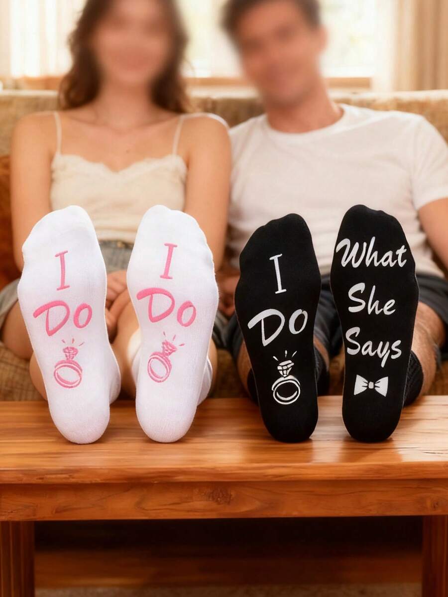2 Pairs Couple Socks, Creative Ring Design Socks For Groom And Bride, Engagement/Wedding Gift, Mid-Calf Length, Non-Slip Silicone Grip Bottom, Creative Wedding Couple Socks, Socks Gift - Multicolor - View 1