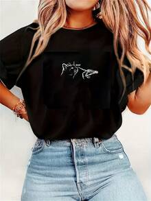 Camiseta de Halloween para mujeres y niñas con diseño de mano de esqueleto de gato, camiseta de gato de Halloween, camiseta divertida de gato, camiseta de verano, gato genial, camiseta de gato - Negro - Ver 2