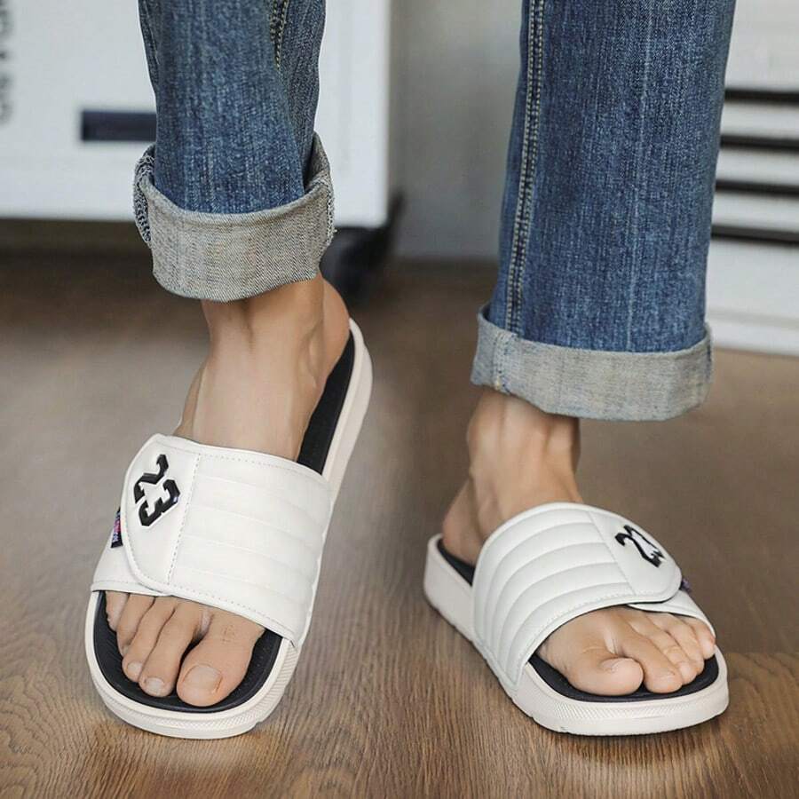 1 Pair Men's Summer Slide Sandals, Flat, Hook And Loop, Non-Slip, Casual, Home & Bathroom Slippers - White - View 1