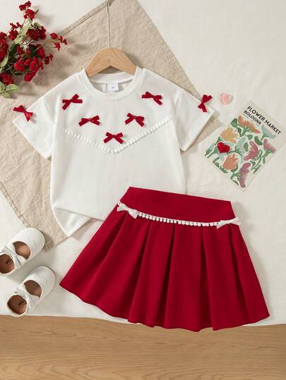 Girls Casual Everyday Outfits Solid Color Ruffle Decor Bow Design Drop Shoulder Short Sleeve Top And Elastic Waist Bow Pleated Mini Skirt, Summer