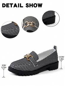Fashionable Korean Style Metal Chain Decor Women's Black Round Toe Loafers, Personalized Hollow Sequin Design Luxurious Party Vibe Chunky Heel Shoes, Versatile For Commuting, Work, Casual Wear, Great Gift For Teacher's Day/Mother's Day - Black - View 2