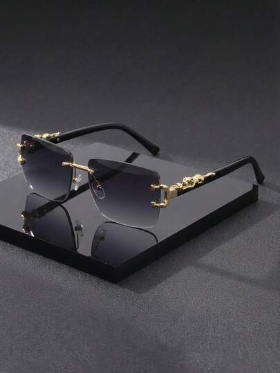 1pc Frameless Leopard Print Decorative Fashion Glasses, Frameless Design With Gradient Gray Lenses, Black & Gold Leopard Print Metal Decor, Fashionable Unisex Glasses For Daily Wear And Parties