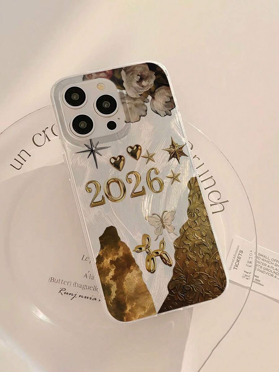 1个时尚简约金色2026图案亮面防水防震防滑轻薄软手机壳，兼容苹果手机，是送给朋友、家人、情侣、生日、节日的绝佳礼物。 - 彩色 - 查看 1