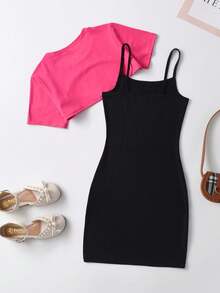 Tween Girls' Summer Casual Fashionable High-Low Hem Cropped Top And Letter Print Cami Dress Set - Hot Pink - View 2