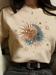 Women's T-Shirt With Sun And Moon Face Print, 100% Cotton, Lightweight, Soft, Cool, Casual, Basic Fabric For All Occasions. - 卡其色 - 查看 2