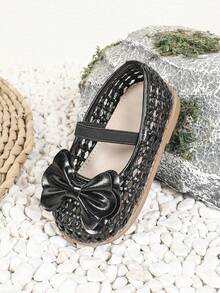 1 Pair Girls' Casual Bow Hollow-Out Flat Princess Shoes, Suitable For Spring/Summer - Black - View 7