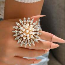 1pc Exaggerated Fully Rhinestoned Geometric Round Open Ring, Black - 10455 Openwork Ring - View 8
