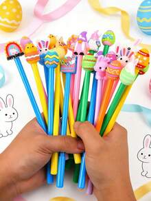 6/12/24支装 - 复活节主题兔子造型中性圆珠笔，复活节礼物，0.5mm墨水，可爱圆珠笔，办公文具奖品，创意复活节礼物（兔子、复活节彩蛋、精灵、小鸡款式）（款式和颜色随机发送） - 彩色 - 查看 1