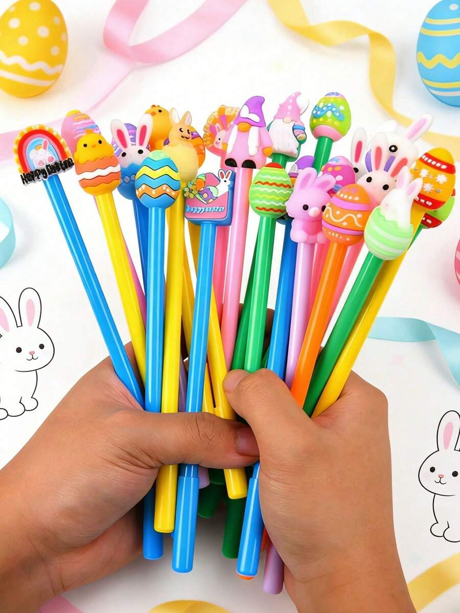 6/12/24支装 - 复活节主题兔子造型中性圆珠笔，复活节礼物，0.5mm墨水，可爱圆珠笔，办公文具奖品，创意复活节礼物（兔子、复活节彩蛋、精灵、小鸡款式）（款式和颜色随机发送） - 彩色 - 查看 1