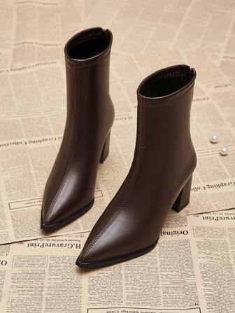 Fall/Winter 2025 New Pointed Toe Chunky Heel Mid-Calf Boots, Back Zipper Design, Slimming & Authoritative, Basic Office Style
