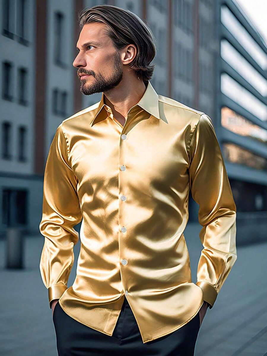 Gold Long Sleeve Shirt, Outdoor Men's Gold Tone Long Sleeve Shirt, Gentlemen's Jacket Outerwear - Gold - View 1