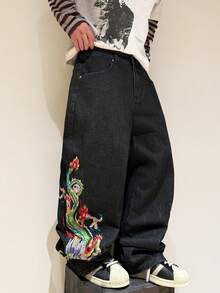 1pc Men's Loose Fit Embroidered Casual Wide Leg Pants, Comfortable Street Style Jeans, Versatile All Season - Black - View 8