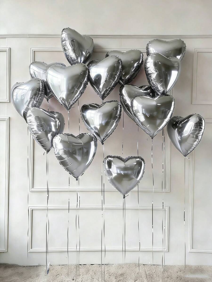 10pcs 18-Inch Silver Heart Shaped Aluminum Foil Balloons, Suitable For Wedding, Birthday, Anniversary, Valentine's Day Decoration, Indoor Room Decor - Silver - View 1