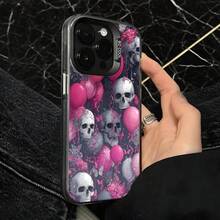 Funda de Teléfono Diseño de Calaveras Rosadas y Grises con Globos y Flores para iPhone 14 15 Pro Max y  Galaxy S23 S24 Plus Adecuada para Todas las Estaciones Opción de Regalo Ideal - Negro - Ver 4