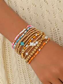 11pcs/Set CCB Gold Bead Bracelet Set, Faux Pearl Multi-Layer Elastic Bracelets, Suitable For Women Daily Wear, Vacation And Party, Classic Cross Decor (Bead Color Sequence May Vary) - Multicolor - View 1