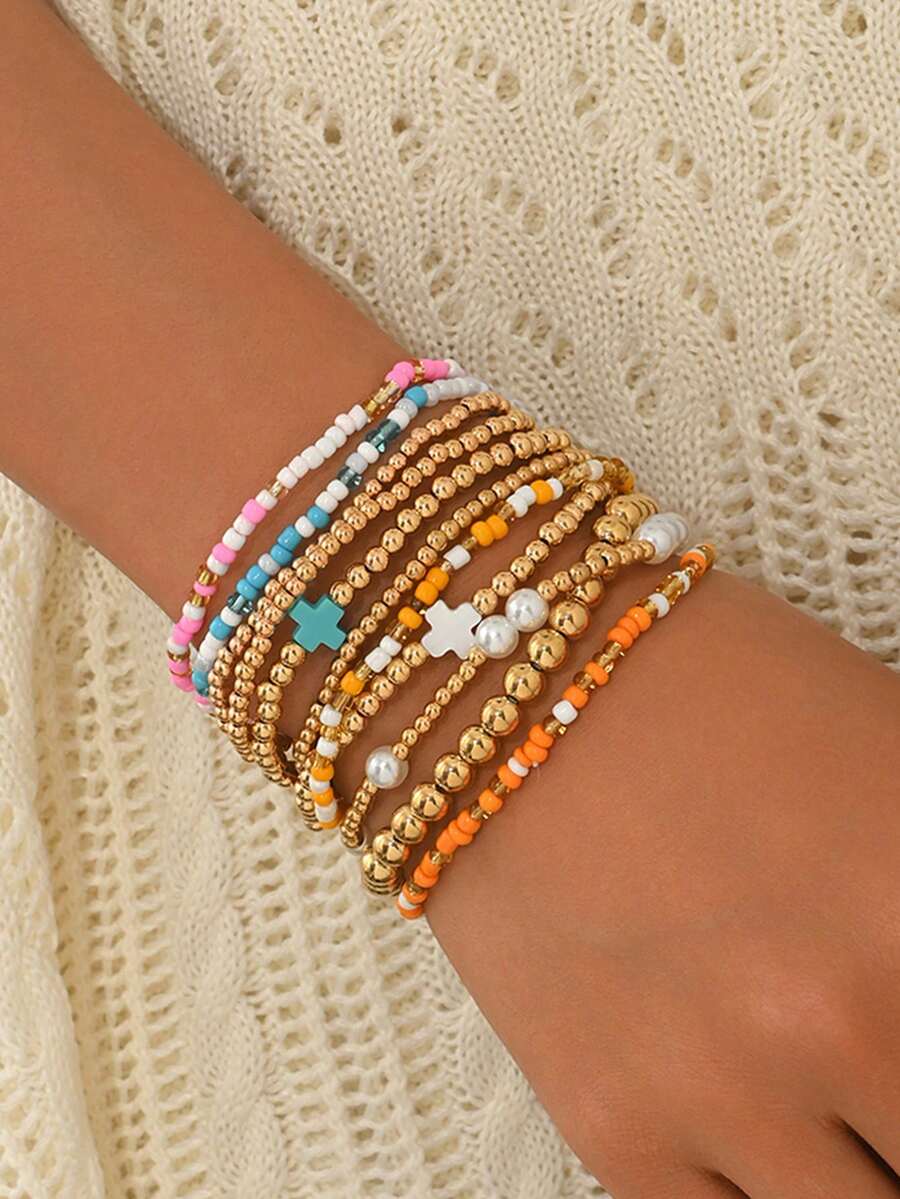 11pcs/Set CCB Gold Bead Bracelet Set, Faux Pearl Multi-Layer Elastic Bracelets, Suitable For Women Daily Wear, Vacation And Party, Classic Cross Decor (Bead Color Sequence May Vary) - Multicolor - View 1