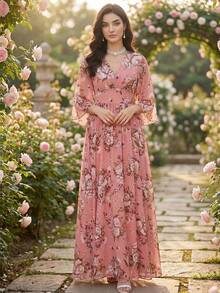 女士休闲A字连衣裙，V领，七分喇叭袖，印花梭织面料，夏季，度假春季优雅款 - 西瓜粉 - 查看 3