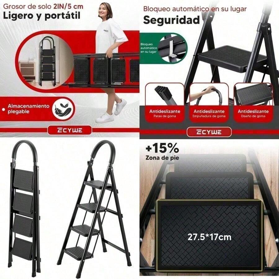 Ladders  &  Escaleras Plegables para CasaEscalera 4 Peldaños Capacidad de Carga de 300 Libras Escalera de Tijera con Pasamanos con Pedal Antideslizante Taburete Portátil Ligero Plegable para el Hogar Cocina