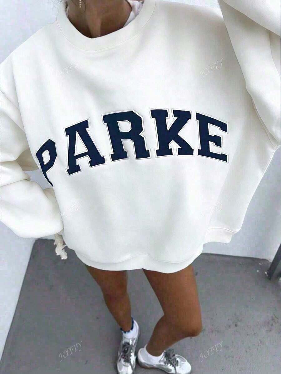 Women's Casual "PARKE" Letter Print Loose Pullover Sweatshirt, Encountering Lazy Fashion.2026 New Y2Y Style Casual Women's Sweatshirt - Versatile For Sports, Leisure, And Everyday Wear - 白色 - 查看 1