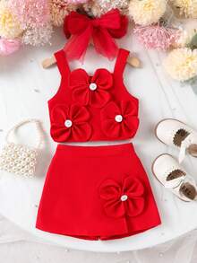 2pcs Baby Girls Elegant Sexy Outfit Red Camisole Top + Shorts Set, Spring/Summer - Red - View 1