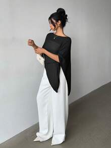 时尚优雅宽松针织开衫披肩，女式，超大版型，轻盈，非常别致，适合春夏休闲、旅行、海滩、百搭风格 - 黑色 - 查看 4