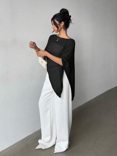 Cardigã xale de tricô feminino, elegante e moderno, modelagem ampla, leve, muito chique, ideal para ocasiões casuais de primavera/verão, lazer, viagens, praia, estilo versátil para férias. Preto.
