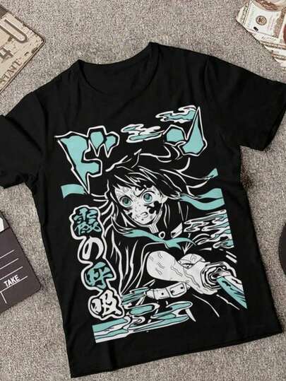 Men's Black T-Shirt - 100% Pure Cotton - Demon Slayers Kimetsu No Yaiba Nezuko Kamado Print with Japanese Text - Anime Fan Gift, Casual Wear, Summer Outfit - Comfortable and Multi-Functional Summer T-Shirt Top