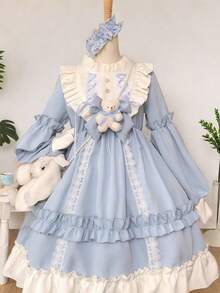 1 pieza Vestido de estilo Lolita japonés dulce y suave para niña, accesorios de disfraz adecuados para festivales, fiestas, actuaciones, todas las vacaciones (incluye vestido + lazo de oso) - Multicolor - Ver 7