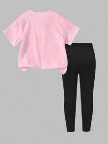 Teen Girls Cartoon Print Short Sleeve T-Shirt And Leggings Set - Pink - View 2