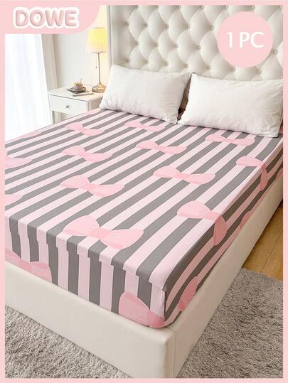 1pc Valentine's Day Heart Striped Bow Bed Skirt, 35CM Deep Pocket, Pink Heart Striped Print, 100% Lightweight Polyester Bedskirt, Romantic Heart Theme Breathable Bedding, Bedroom Valentine's Day Decor Bedskirt, Adult & Teen Girl Bedding