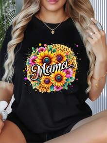 Women's Round-Neck Short-Sleeved T-Shirt With Valentine's Day Fun Print PatternMama Floral Leopard Print T Shirt Women Summer Casual Top Gift For Mom Mother Day OutfitSuitable For Christmas Parties Sports Activities Festival Parties Outings Sports And Other Holiday Gifts (220g). - 黑色 - 查看 2