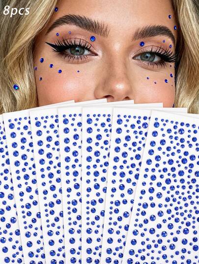 8PCS/5PCS/3PCS/2PCS/1pc Multi Specification Combination Pack, 3mm/4mm/5mm/6mm Romantic Noble Gemstone Blue Self-Adhesive Particle Face/Eye Corner Decoration Crystal Diamond Sticker, DIY, Carnival, Valentine's Day, Halloween, Christmas Gifts, Mother's Day, Parties, Music Festivals, Facial Hair And Nail Decorations, Rhinestone Stickers,Concert Look,Face Gems