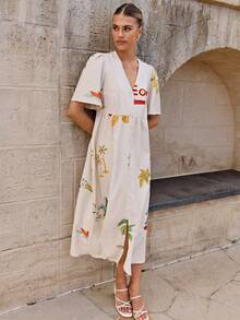 Women's Loose Letter Print V-Neck Button Down Dress, Summer - Multicolor - View 3