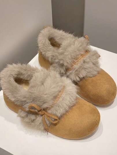 1 Pair Bow Decor Casual Chic Street Outdoor Cute Retro Fairy Rubber Fuzzy Slip-On Fluffy Shoes, Suitable For Home, Office, Party, Vacation, Outdoor, Winter, Fashion, Warm Shoes, Embroidered Women Shoes, Retro Snow Boots, Platform Shoes