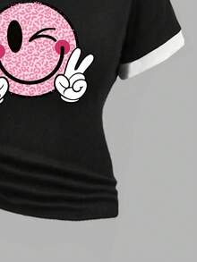 Teen Girl Cartoon Smiling Face Print Short Sleeve T-Shirt And Wide Leg Pants Casual Outfit - Black - View 3